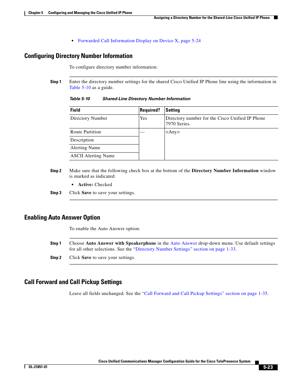Configuring directory number information, Enabling auto answer option, Call forward and call pickup settings | Cisco OL-21851-01 User Manual | Page 23 / 30