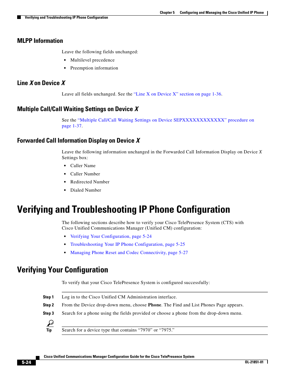 Mlpp information, Line x on device x, Multiple call/call waiting settings on device x | Forwarded call information display on device x, Verifying your configuration | Cisco OL-21851-01 User Manual | Page 24 / 30