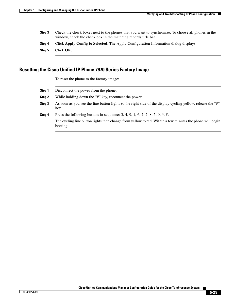 Resetting the, Cisco unified ip phone 7970 series factory image | Cisco OL-21851-01 User Manual | Page 29 / 30