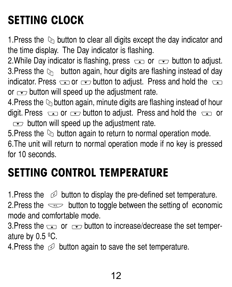 Setting clock, Setting control temperature | TFC Group Towerstat SP STTR/SP User Manual | Page 13 / 21