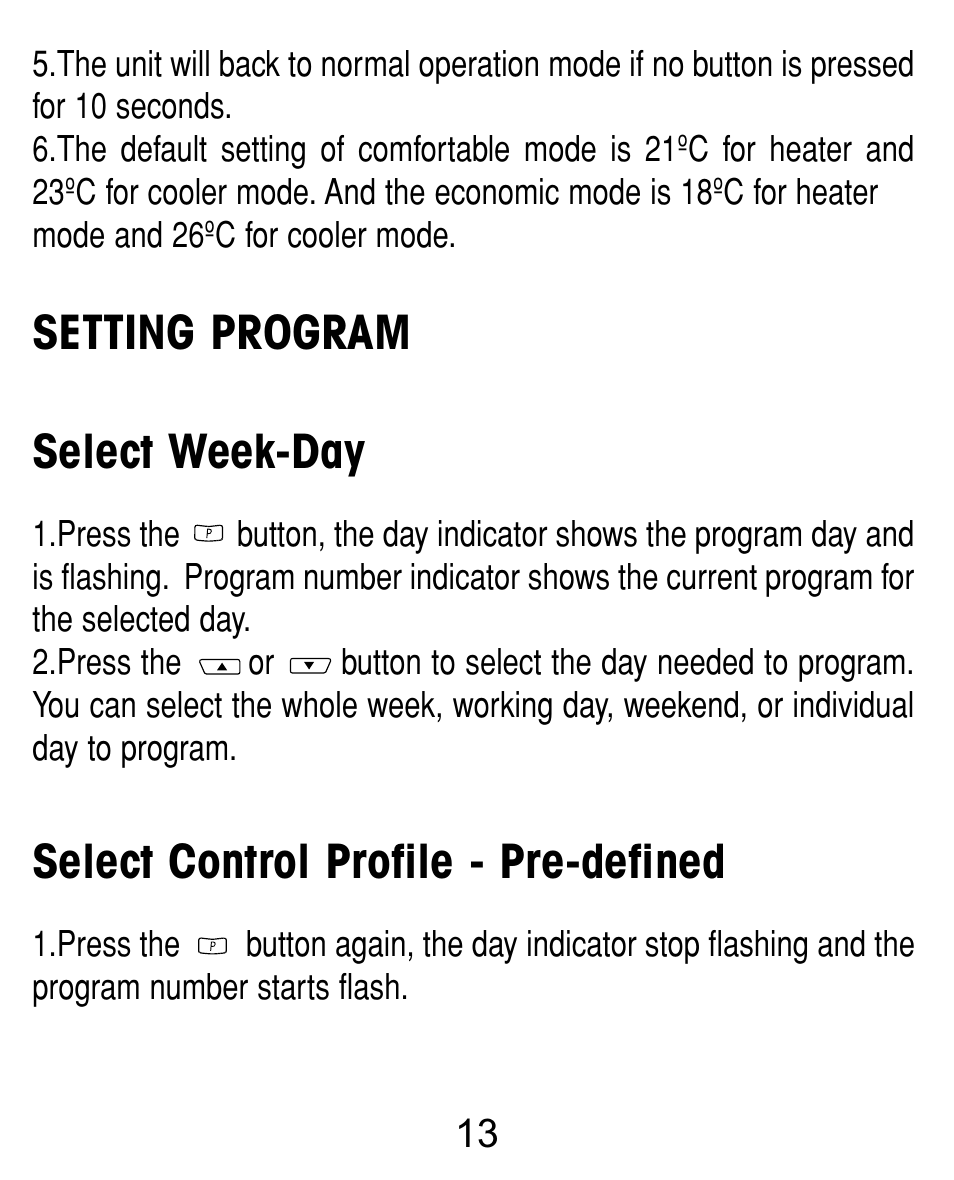 Setting program select week-day, Select control profile - pre-defined | TFC Group Towerstat SP STTR/SP User Manual | Page 14 / 21