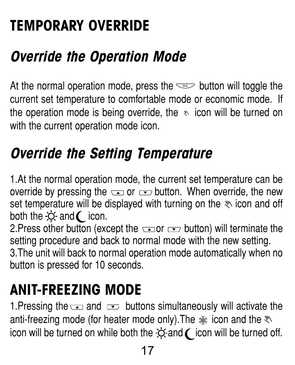 Temporary override override the operation mode, Override the setting temperature, Anit-freezing mode | TFC Group Towerstat SP STTR/SP User Manual | Page 18 / 21