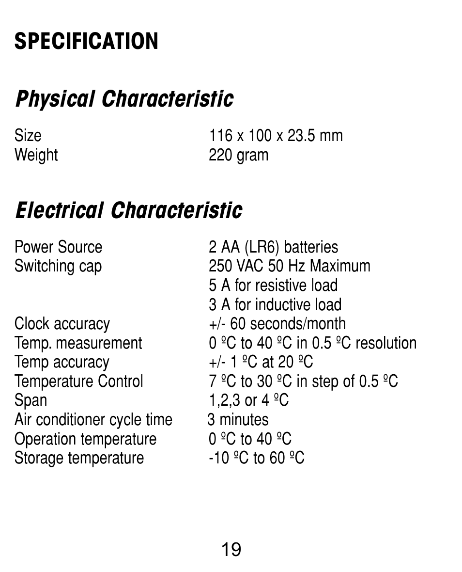 Specification physical characteristic, Electrical characteristic | TFC Group Towerstat SP STTR/SP User Manual | Page 20 / 21