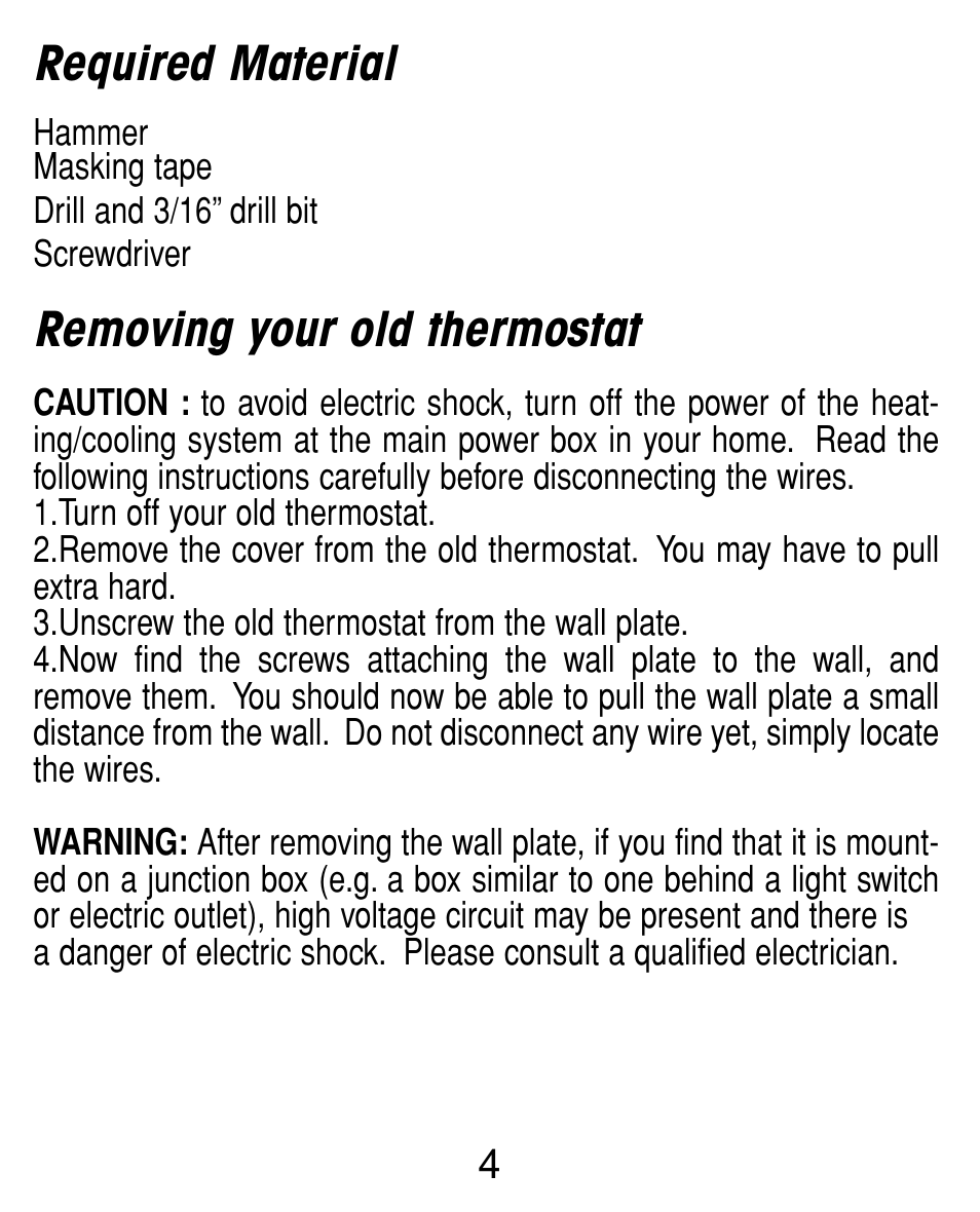 Required material, Removing your old thermostat | TFC Group Towerstat SP STTR/SP User Manual | Page 5 / 21