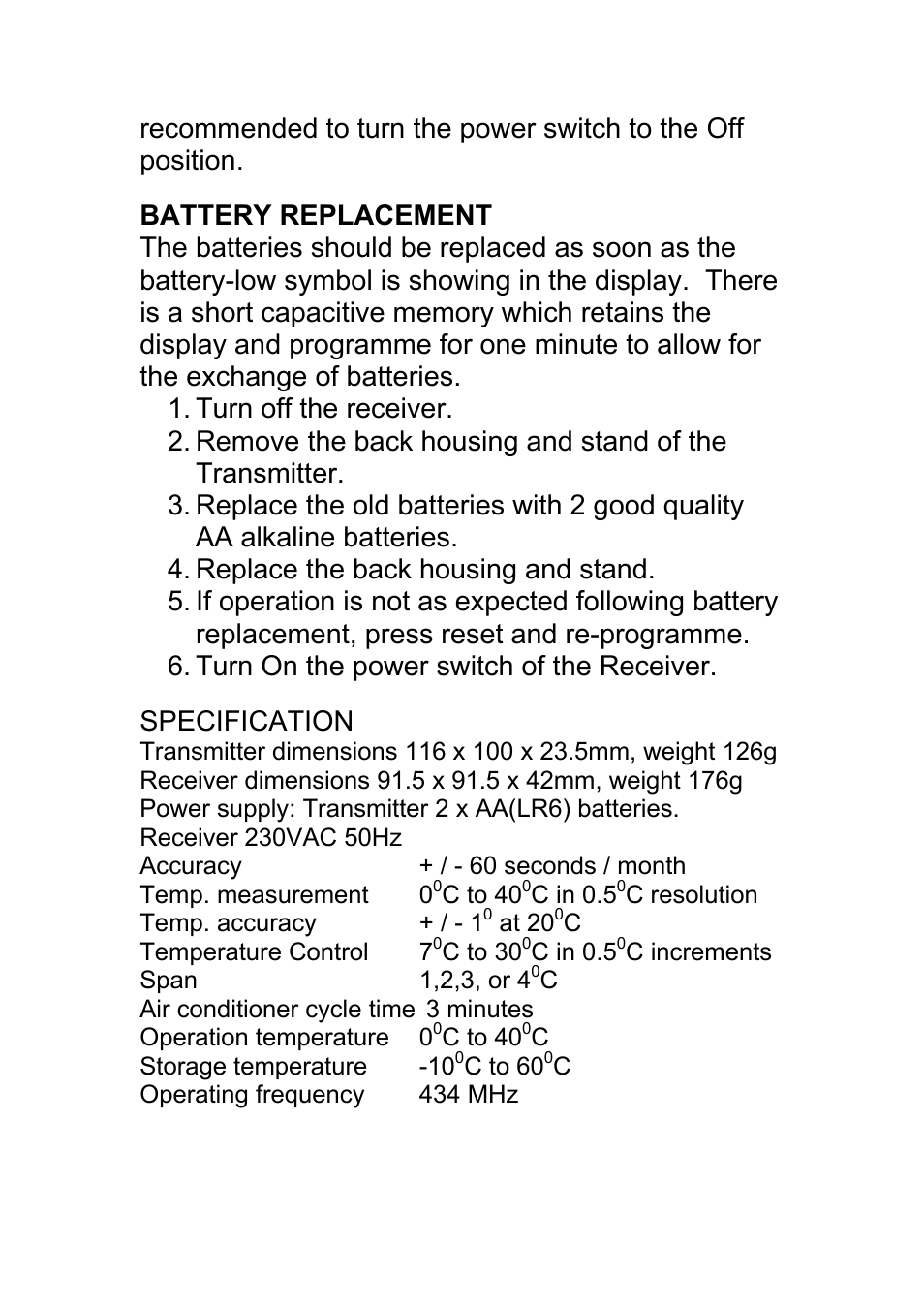 Specification | TFC Group STTR/F User Manual | Page 19 / 19