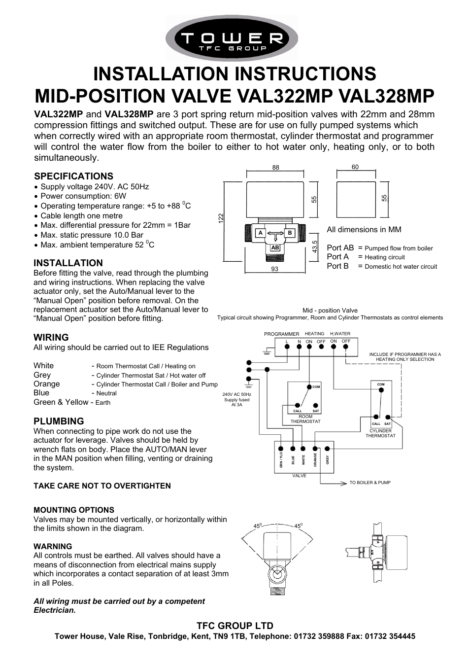 Installation, Wiring, Plumbing | Specifications, Tfc group ltd, Grey, Orange, Blue, Green & yellow, All dimensions in mm port ab | TFC Group A3MID User Manual | Page 2 / 2