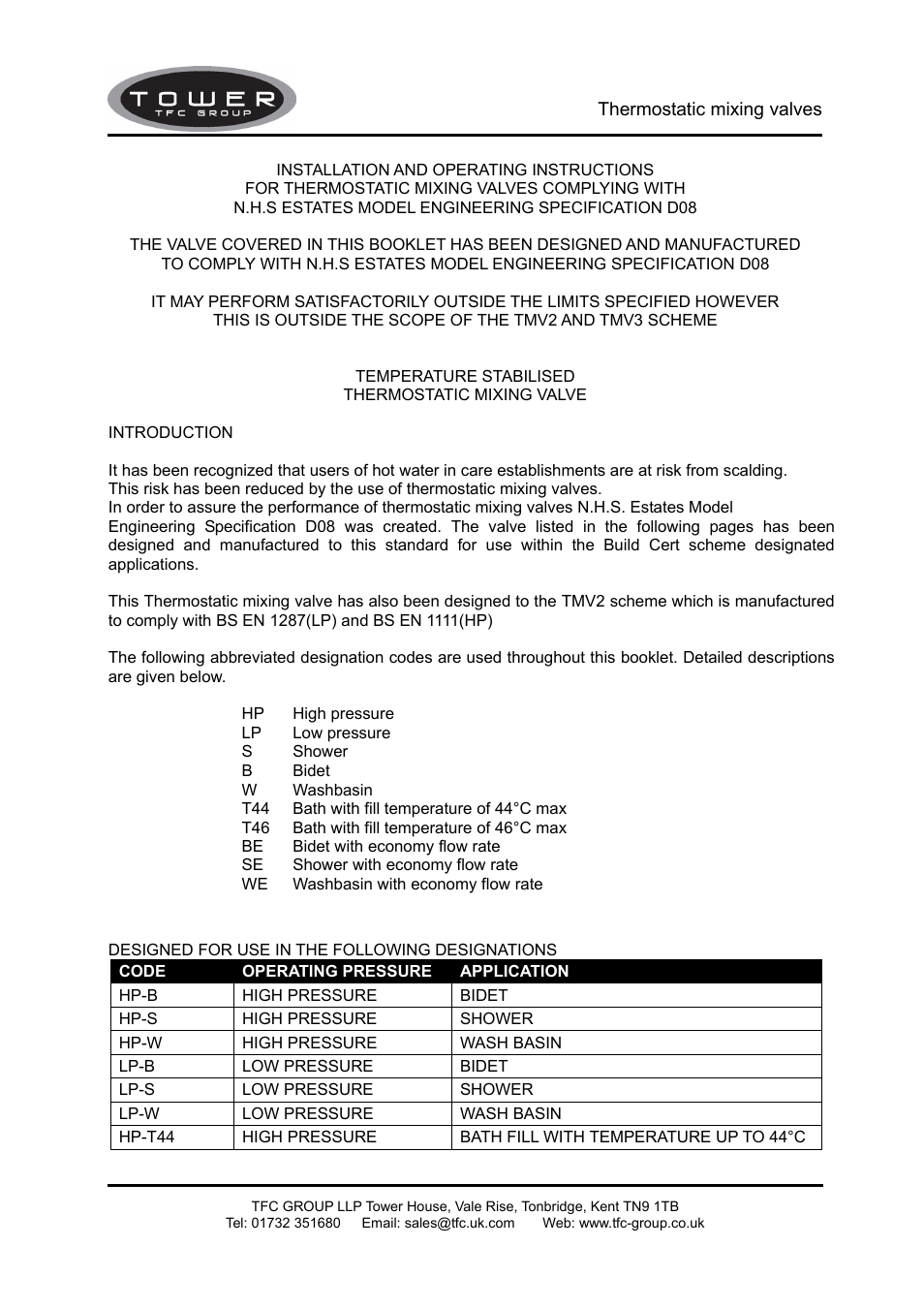 TFC Group TMV User Manual | 5 pages