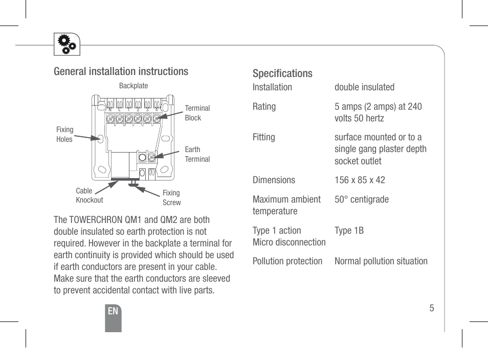 Specifications, General installation instructions | TFC Group Towerchron QM2 User Manual | Page 5 / 20