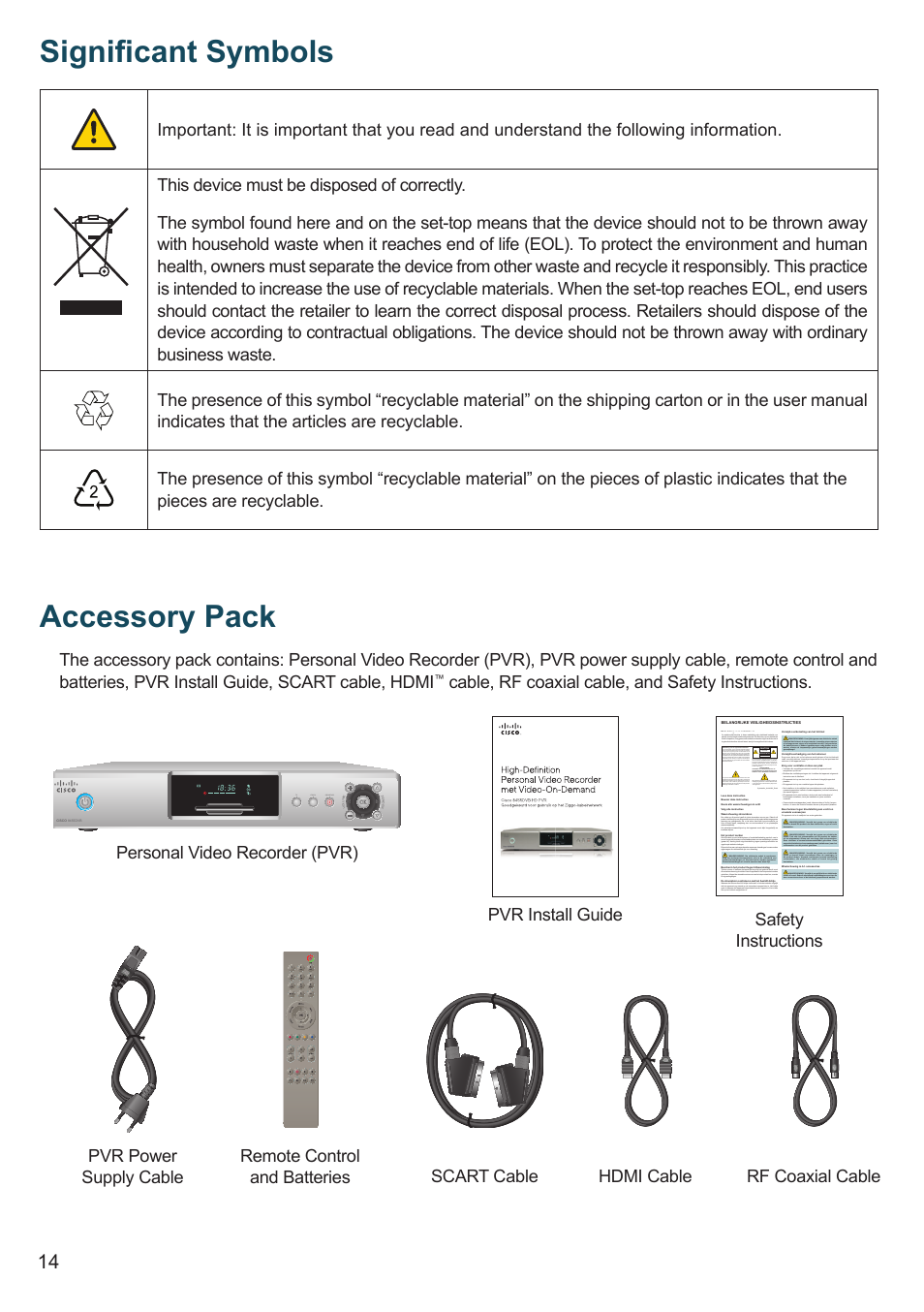 Signifi cant symbols, Accessory pack, Cable, rf coaxial cable, and safety instructions | Pvr install guide | Cisco 8455dvb User Manual | Page 16 / 44