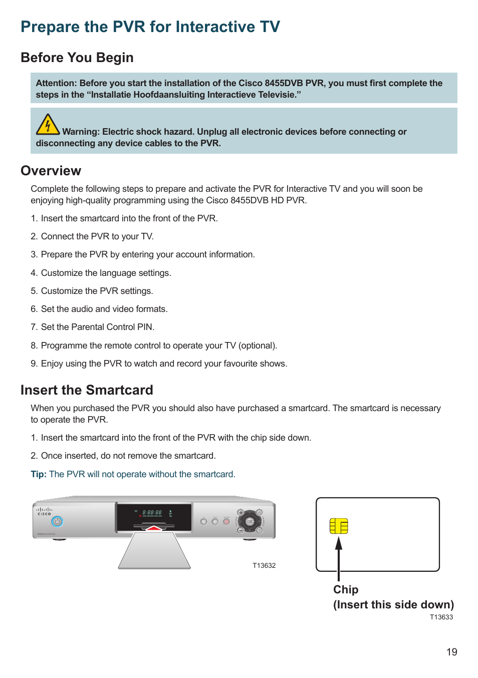 Prepare the pvr for interactive tv, Before you begin, Overview | Insert the smartcard, Chip (insert this side down) | Cisco 8455dvb User Manual | Page 21 / 44