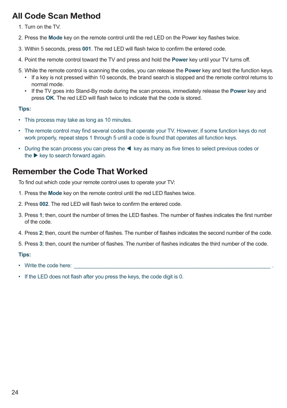 All code scan method, Remember the code that worked | Cisco 8455dvb User Manual | Page 26 / 44