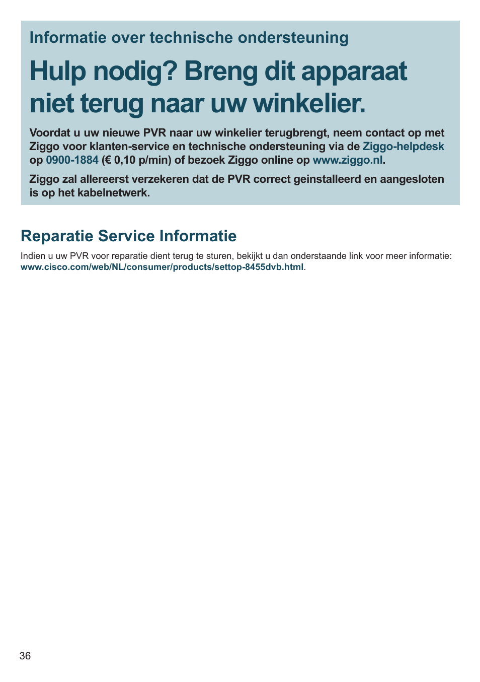 Informatie over technische ondersteuning, Reparatie service informatie | Cisco 8455dvb User Manual | Page 38 / 44