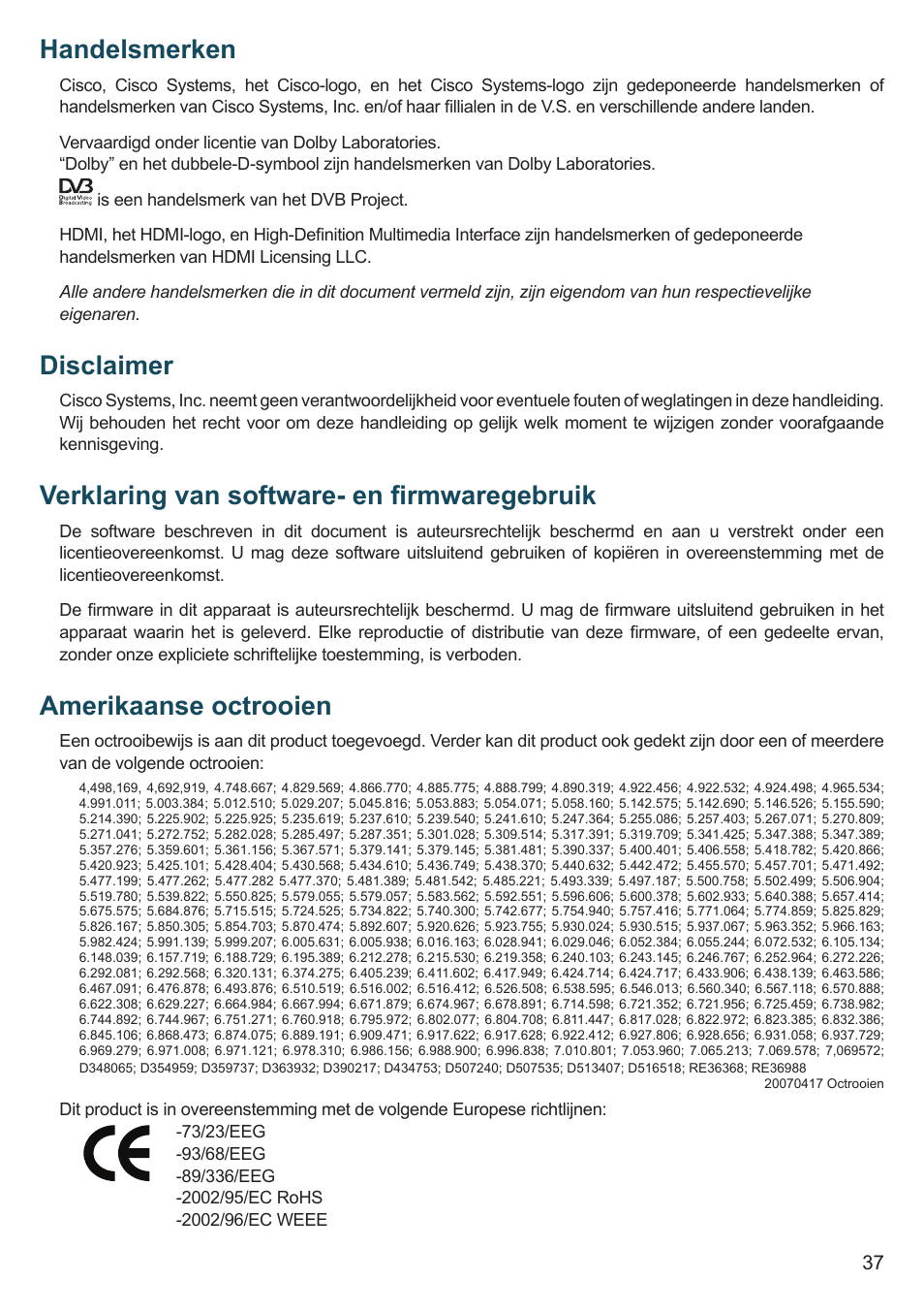Handelsmerken, Disclaimer, Verklaring van software- en fi rmwaregebruik | Amerikaanse octrooien | Cisco 8455dvb User Manual | Page 39 / 44