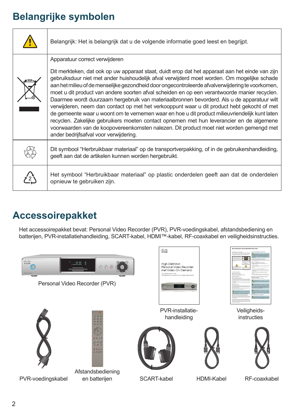 Belangrijke symbolen, Accessoirepakket, Pvr-installatie- handleiding | Cisco 8455dvb User Manual | Page 4 / 44