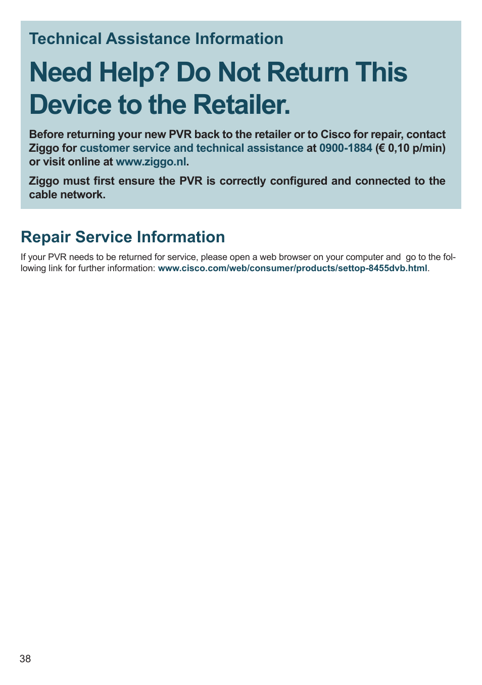 Technical assistance information, Repair service information | Cisco 8455dvb User Manual | Page 40 / 44