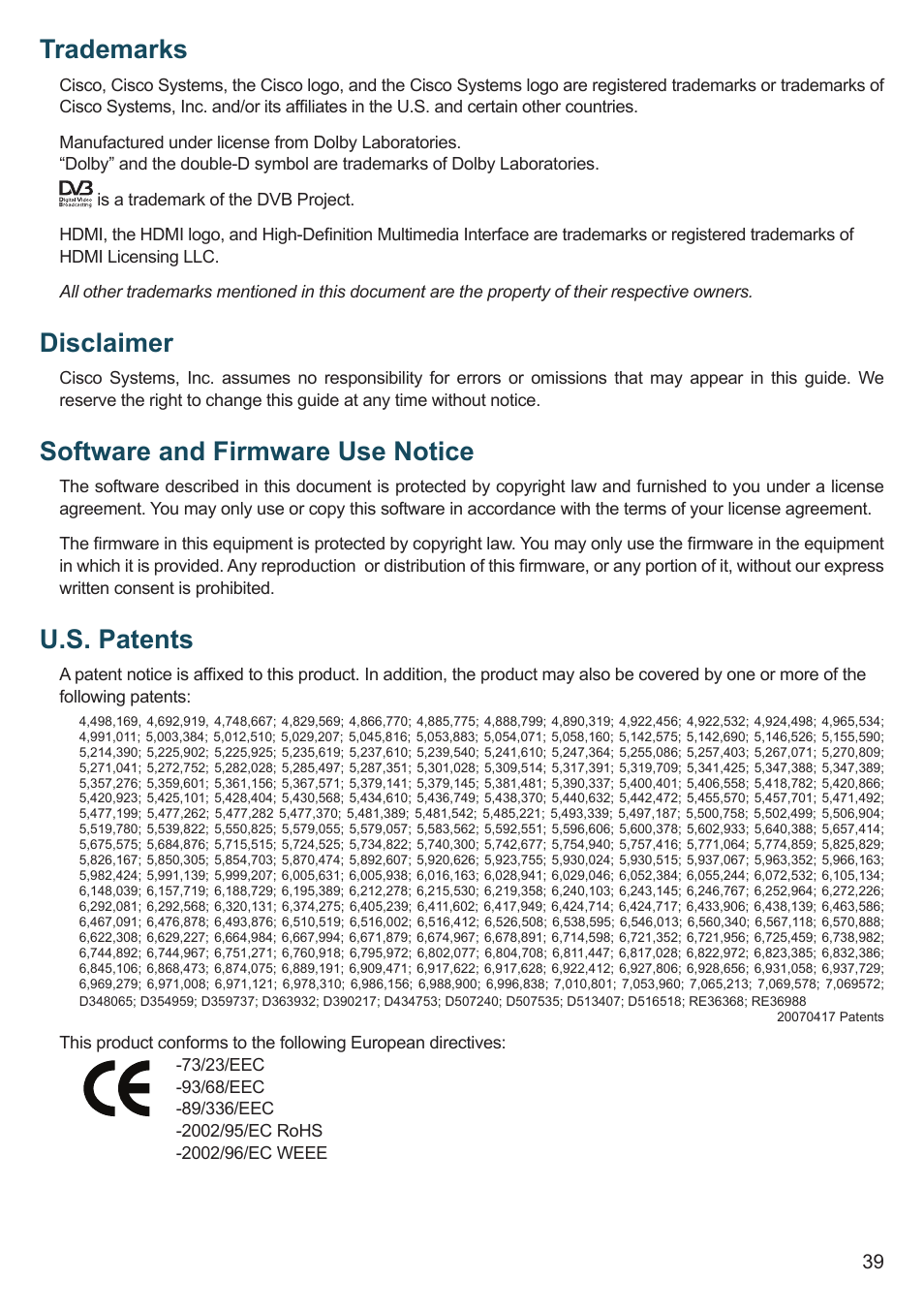 Trademarks, Disclaimer, Software and firmware use notice | U.s. patents | Cisco 8455dvb User Manual | Page 41 / 44