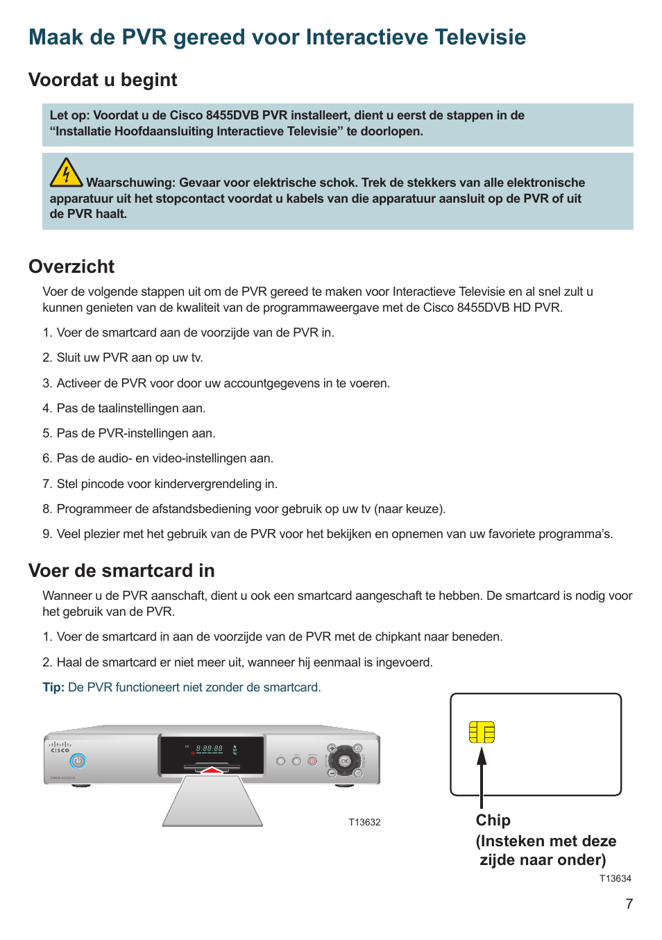 Maak de pvr gereed voor interactieve televisie, Voordat u begint, Overzicht | Voer de smartcard in, Chip (insteken met deze zijde naar onder) | Cisco 8455dvb User Manual | Page 9 / 44