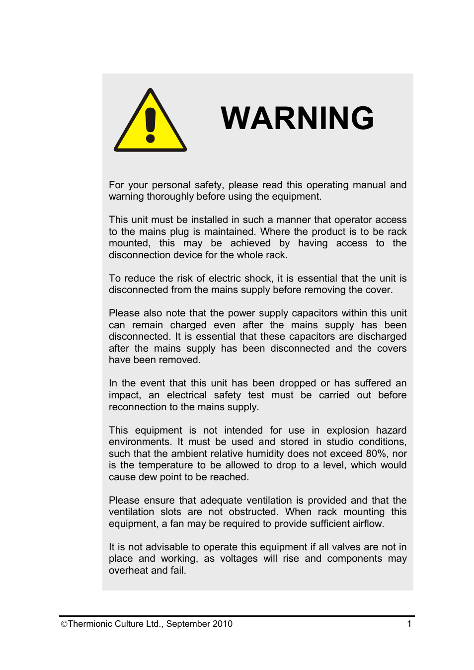 Eb 2p2_manual 2, Warning | Thermionic Culture THE EARLYBIRD 2.2 2  Channel mic, pre amp with eq User Manual | Page 2 / 15