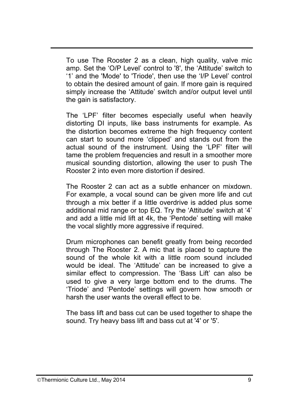 Thermionic Culture THE ROOSTER 2 2 Channel mic, pre amp with eq User Manual | Page 10 / 15