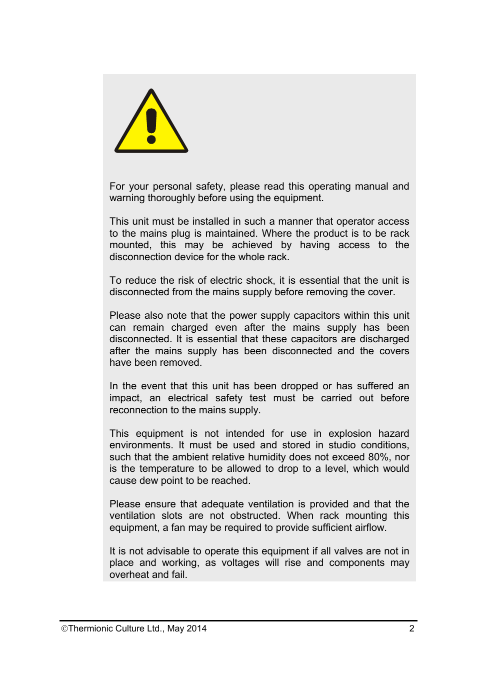 Warning | Thermionic Culture THE ROOSTER 2 2 Channel mic, pre amp with eq User Manual | Page 3 / 15
