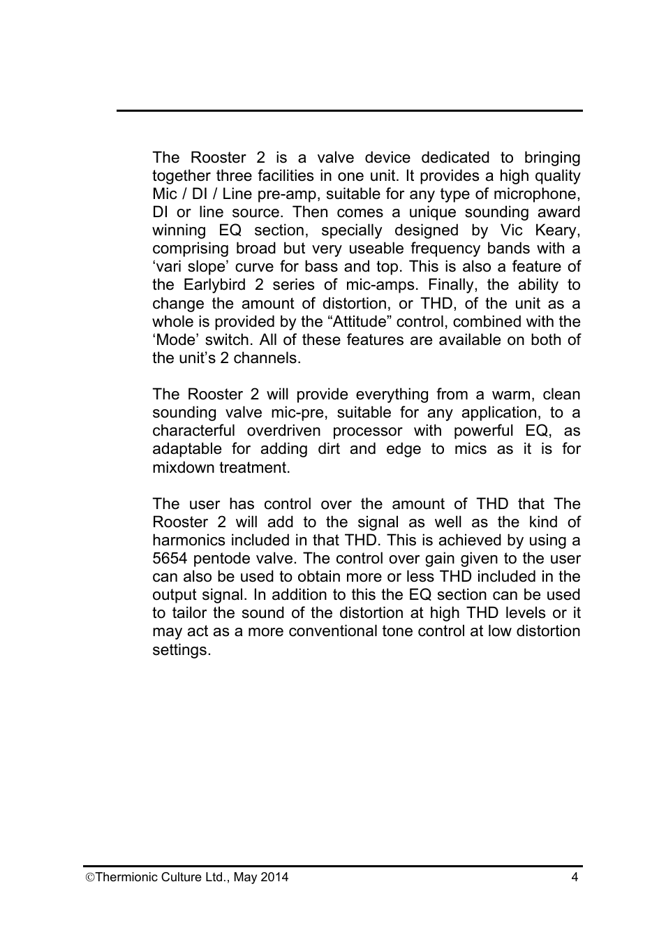 Thermionic Culture THE ROOSTER 2 2 Channel mic, pre amp with eq User Manual | Page 5 / 15