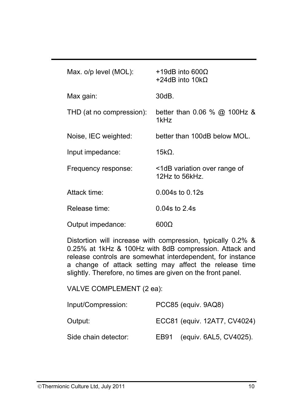 Thermionic Culture THE PHOENIX SB Stereo valve compressor User Manual | Page 11 / 12