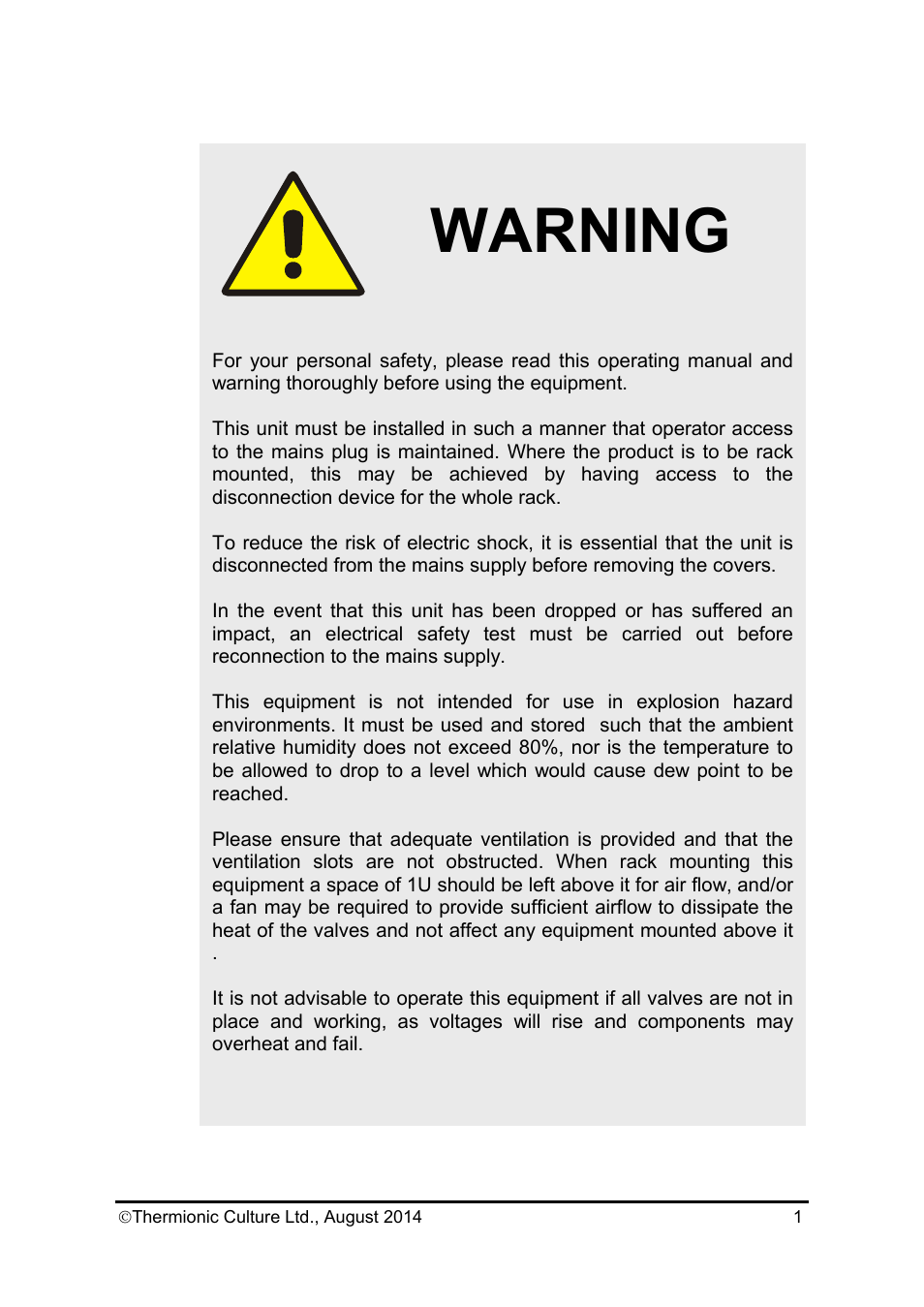 Nightingale manual_3.pdf, Warning | Thermionic Culture THE NIGHTINGALE 2 Dual mic. Amp/equaliser+ compressor User Manual | Page 2 / 20