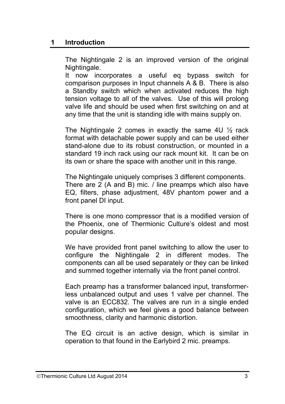 Thermionic Culture THE NIGHTINGALE 2 Dual mic. Amp/equaliser+ compressor User Manual | Page 4 / 20