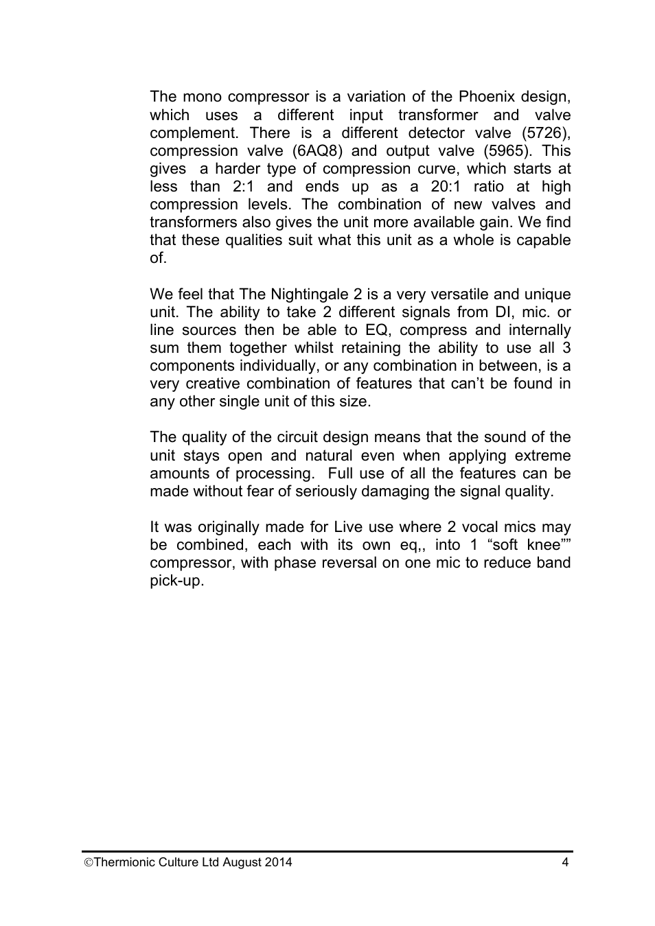 Thermionic Culture THE NIGHTINGALE 2 Dual mic. Amp/equaliser+ compressor User Manual | Page 5 / 20