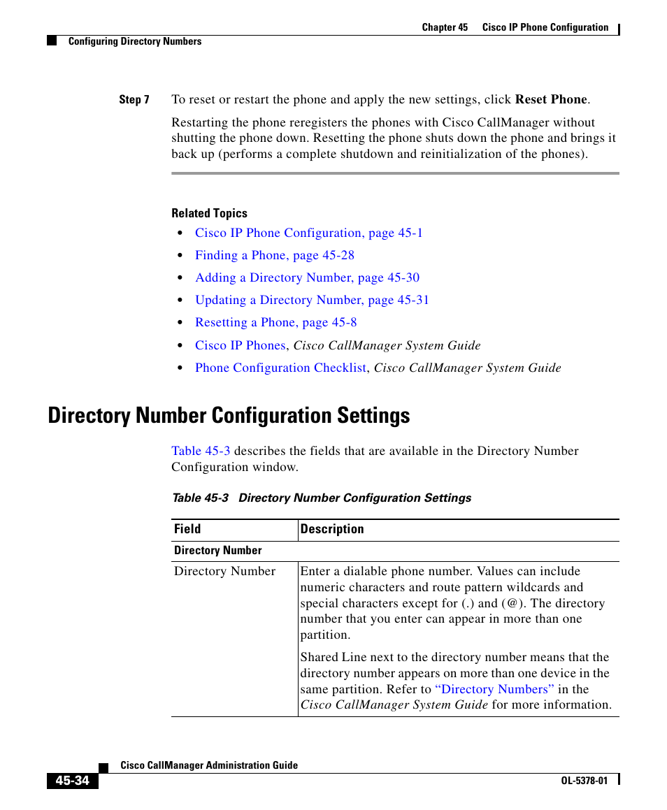 Directory number configuration settings, Table 45-3 | Cisco OL-5378-01 User Manual | Page 34 / 42
