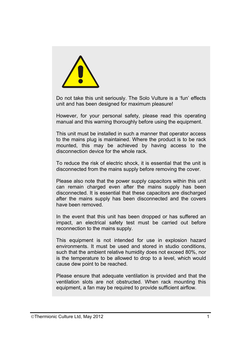 Warning | Thermionic Culture THE SOLO VULTURE High Gain Distortion Unit User Manual | Page 2 / 13