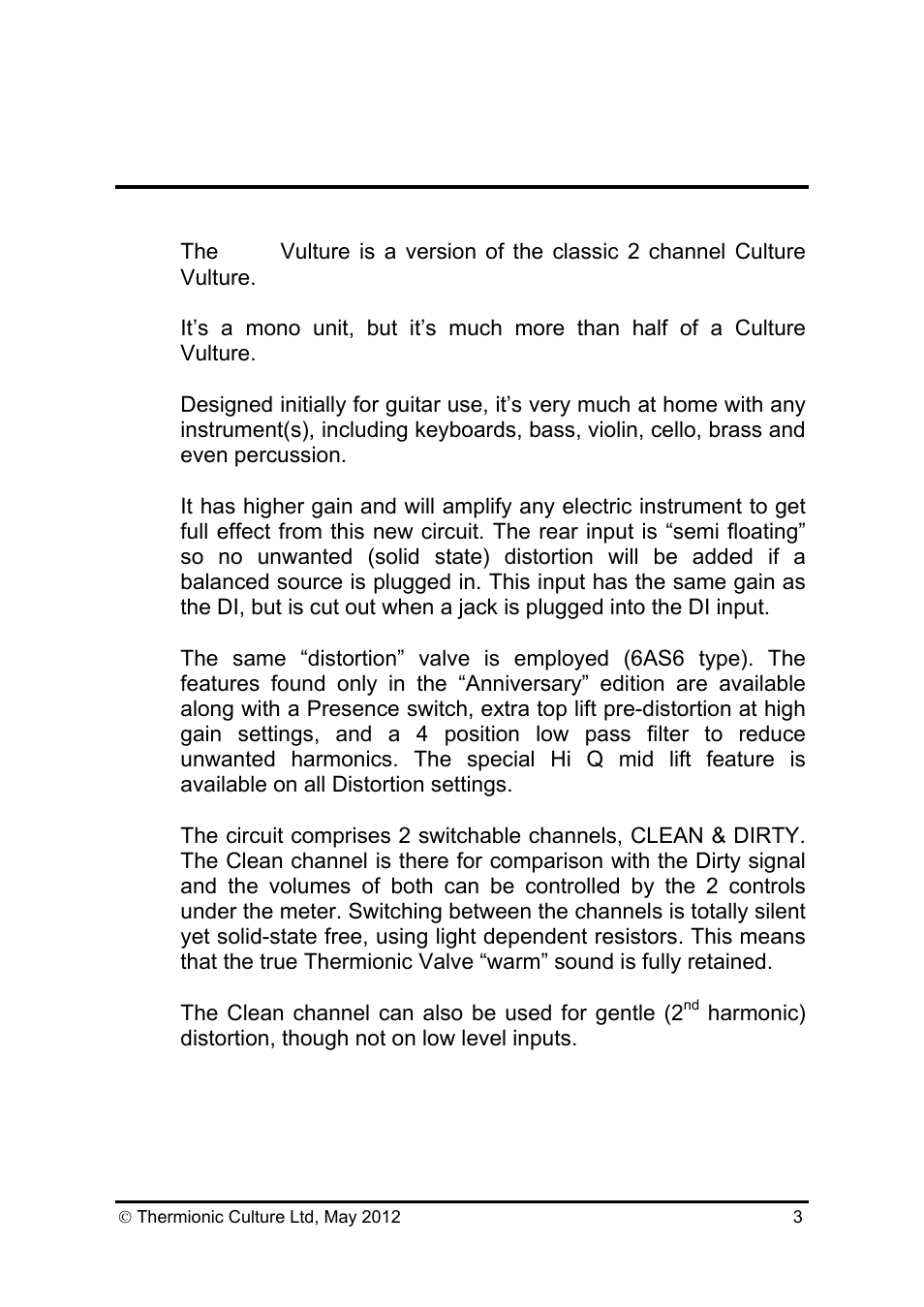 Thermionic Culture THE SOLO VULTURE High Gain Distortion Unit User Manual | Page 4 / 13