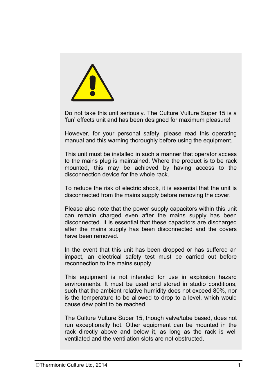 Super15_manual_iss2, Warning | Thermionic Culture THE CULTURE VULTURE SUPER 15 Stereo Valve Distortion User Manual | Page 2 / 14