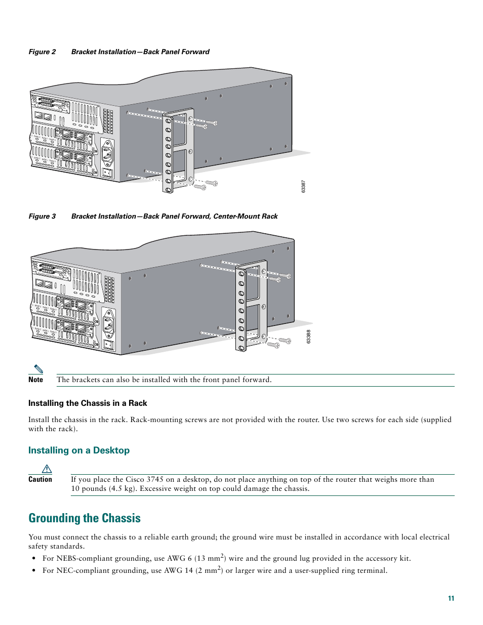 Installing on a desktop, Grounding the chassis, Figure 2, or figure 3, using the screws | Installing the chassis in a rack, Or larger wire and a user-supplied ring terminal | Cisco 3745 User Manual | Page 11 / 32
