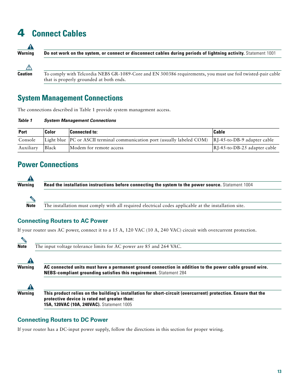 4 connect cables, System management connections, Power connections | Connecting routers to ac power, Connecting routers to dc power, Connect cables | Cisco 3745 User Manual | Page 13 / 32