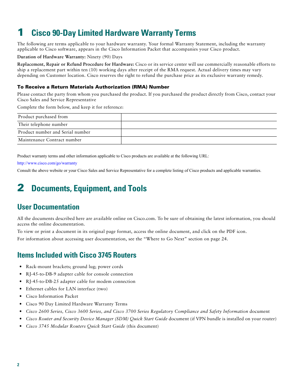 1 cisco 90-day limited hardware warranty terms, 2 documents, equipment, and tools, User documentation | Items included with cisco 3745 routers, Documents, equipment, and tools, Cisco 90-day limited hardware warranty terms | Cisco 3745 User Manual | Page 2 / 32