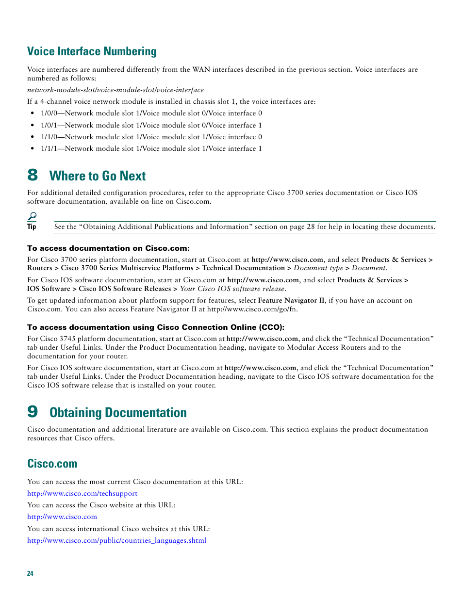 Voice interface numbering, 8 where to go next, 9 obtaining documentation | Cisco.com, Where to go next, Obtaining documentation | Cisco 3745 User Manual | Page 24 / 32