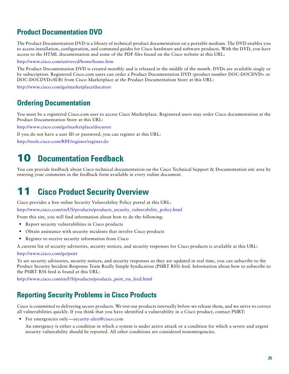 Product documentation dvd, Ordering documentation, 10 documentation feedback | 11 cisco product security overview, Reporting security problems in cisco products, Documentation feedback, Cisco product security overview | Cisco 3745 User Manual | Page 25 / 32