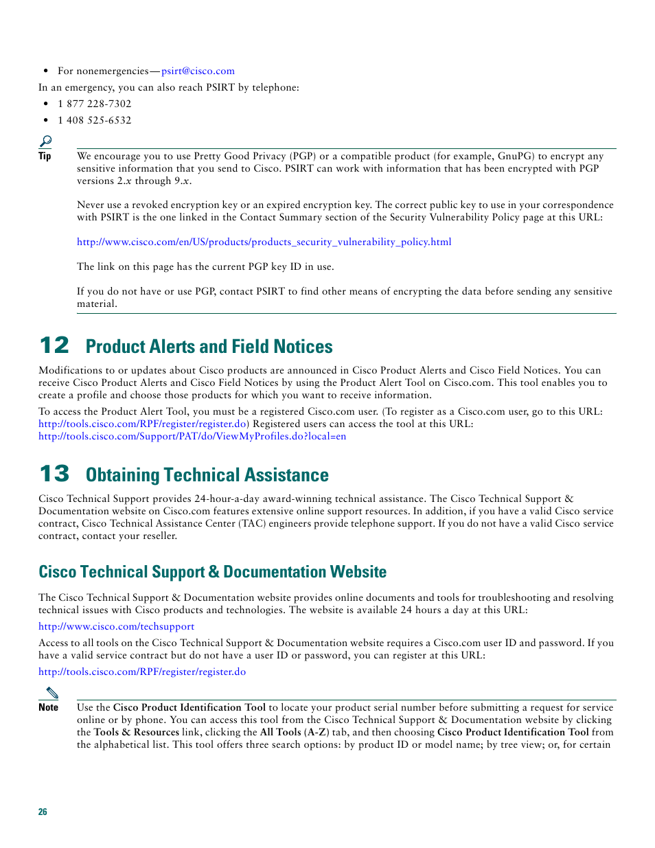 12 product alerts and field notices, 13 obtaining technical assistance, Cisco technical support & documentation website | Product alerts and field notices, Obtaining technical assistance | Cisco 3745 User Manual | Page 26 / 32