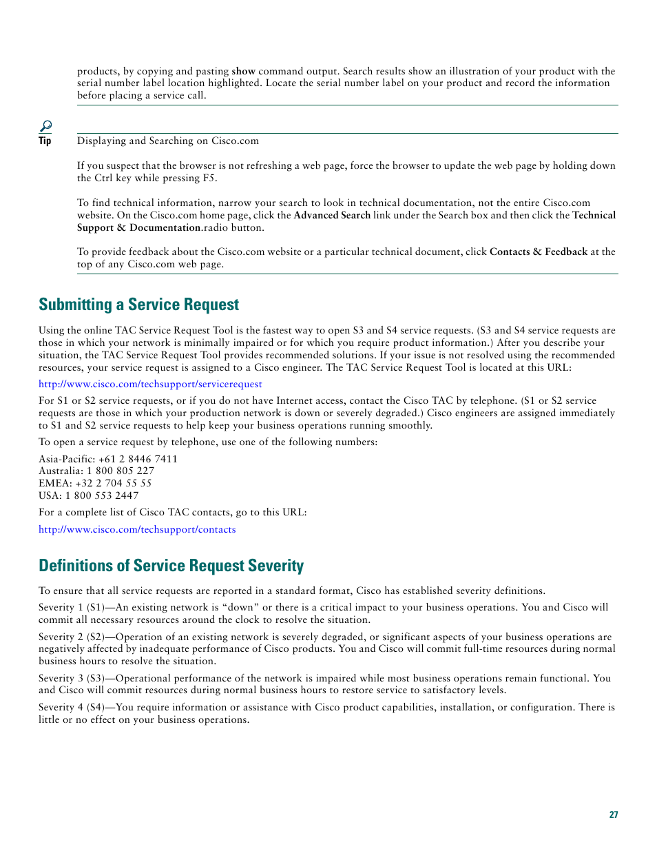 Submitting a service request, Definitions of service request severity | Cisco 3745 User Manual | Page 27 / 32