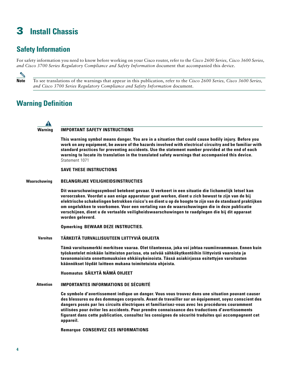 3 install chassis, Safety information, Warning definition | Install chassis | Cisco 3745 User Manual | Page 4 / 32