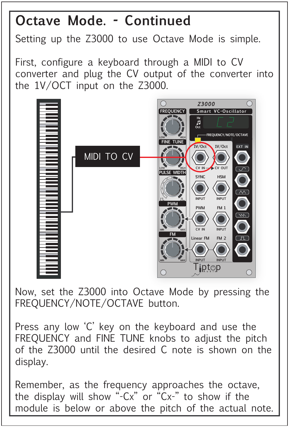 Octave mode. - continued, Tipt p, Midi to cv | Tiptop Z3000 Smzrt VCO User Manual | Page 10 / 19