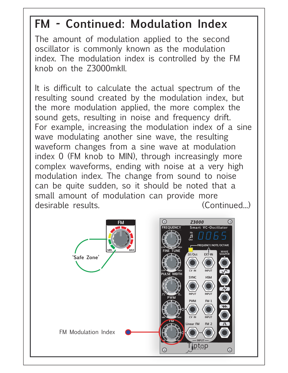 Fm -­ continued: modulation index, Tipt p, Fm modulation index | Tiptop Z3000 Smzrt VCO MKII User Manual | Page 14 / 20