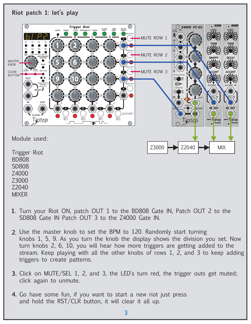 3riot patch 1: let’s play, Tipt p, Mute row 1 mute row 2 mute row 3 | Tiptop Trigger Riot User Manual | Page 3 / 22
