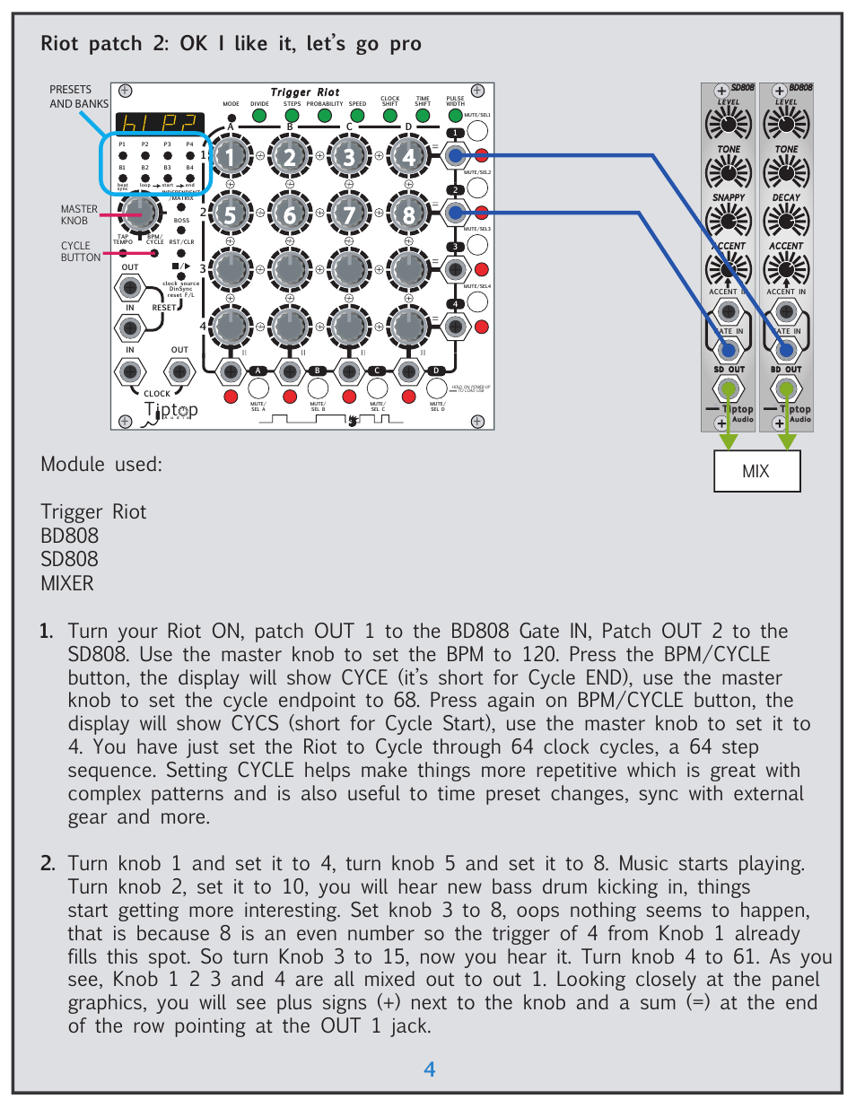 Riot patch 2: ok i like it, let’s go pro 4, Tipt p | Tiptop Trigger Riot User Manual | Page 4 / 22