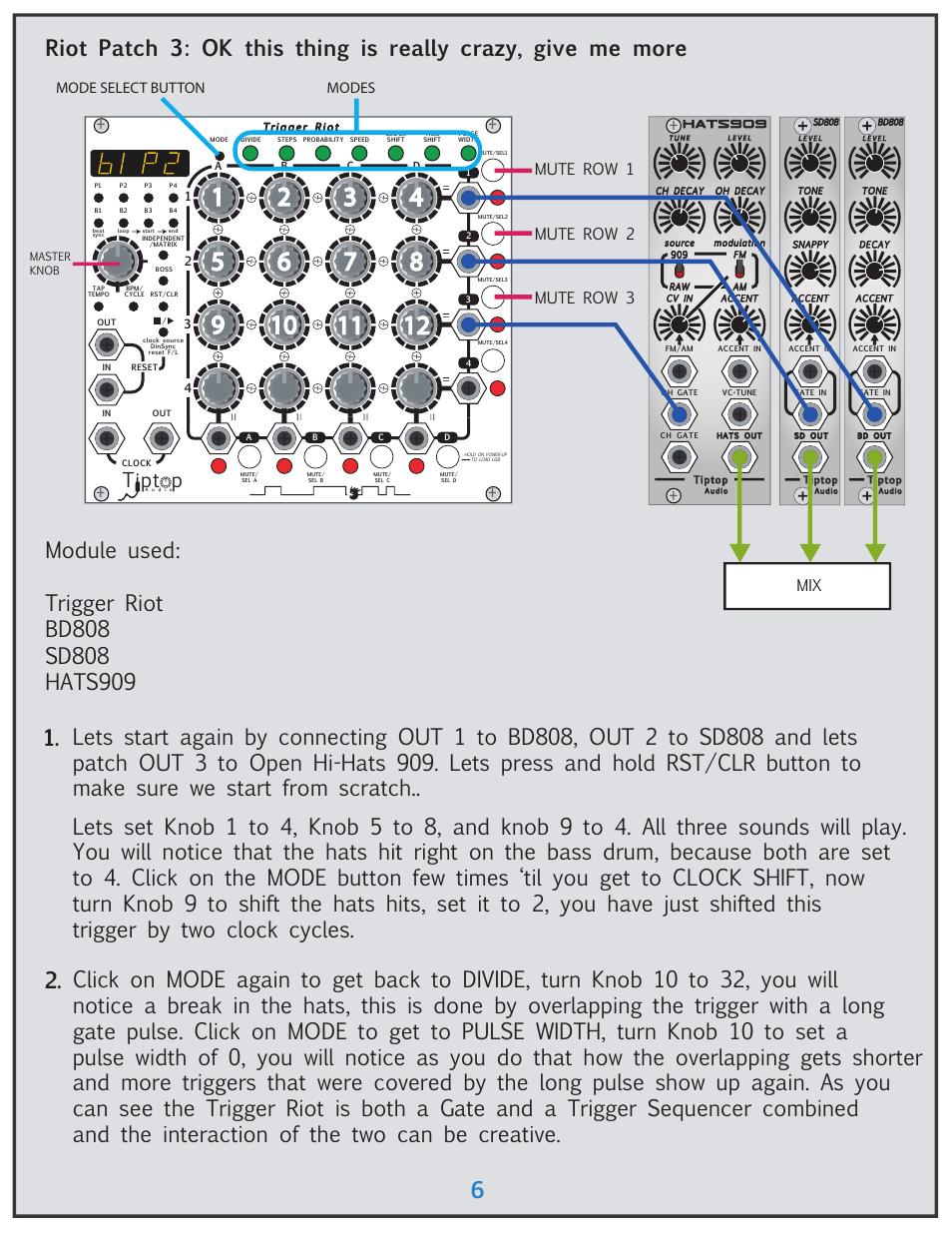 Tipt p, Mute row 1 mute row 2 mute row 3, Hats909 mix | Modes mode select button | Tiptop Trigger Riot User Manual | Page 6 / 22