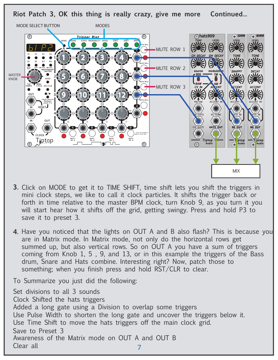 Tipt p, Mute row 1 mute row 2 mute row 3, Hats909 mix | Modes mode select button | Tiptop Trigger Riot User Manual | Page 7 / 22