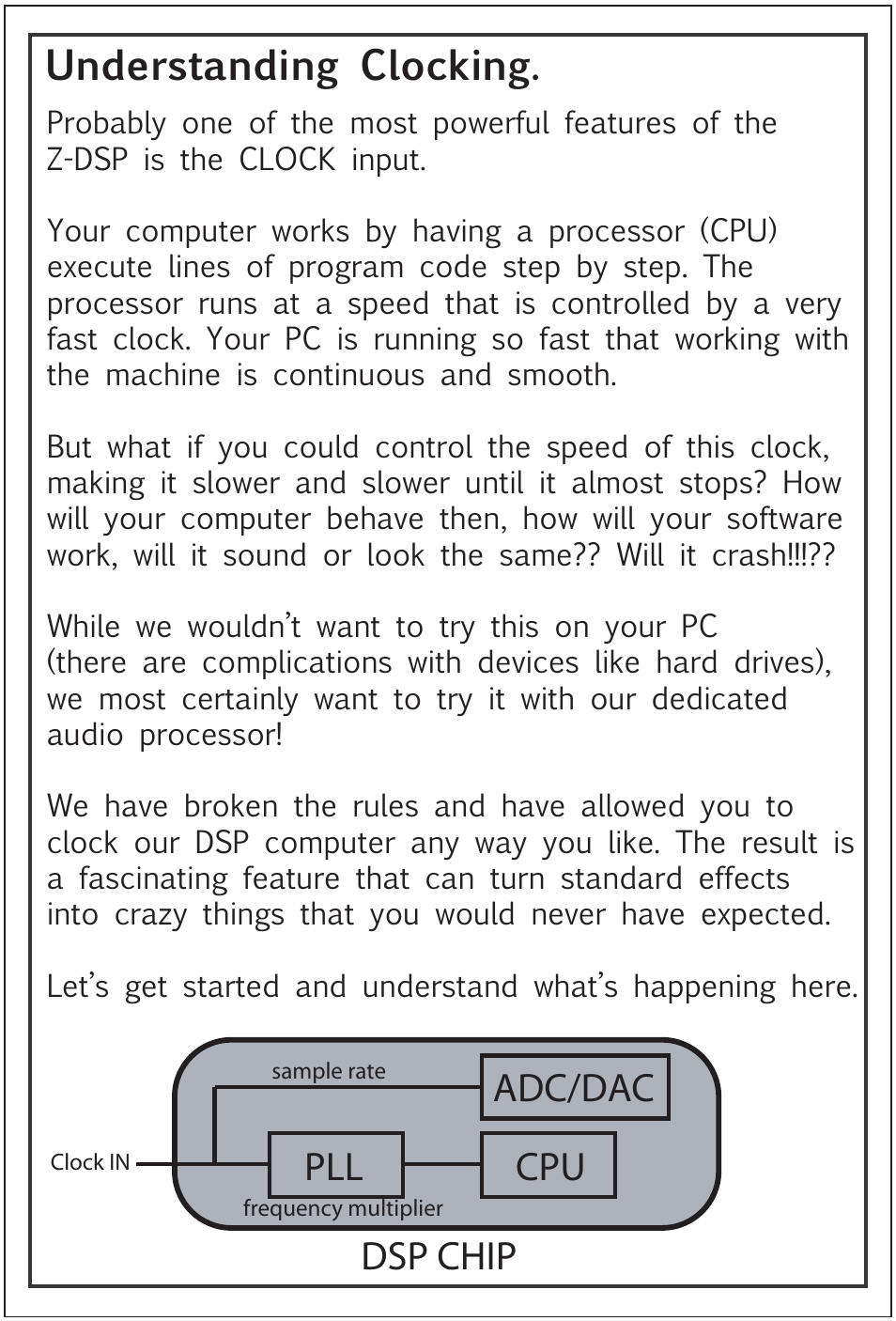 Understanding clocking, Pll dsp chip cpu, Adc/dac | Tiptop Z-DSP User Manual | Page 13 / 19