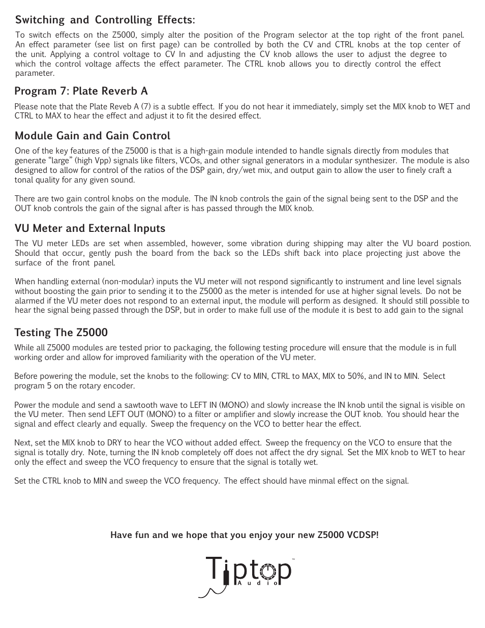 Z5000qsp2n, Module gain and gain control, Testing the z5000 | Program 7: plate reverb a, Vu meter and external inputs, Switching and controlling effects | Tiptop Z5000 Multi-Effect User Manual | Page 2 / 2