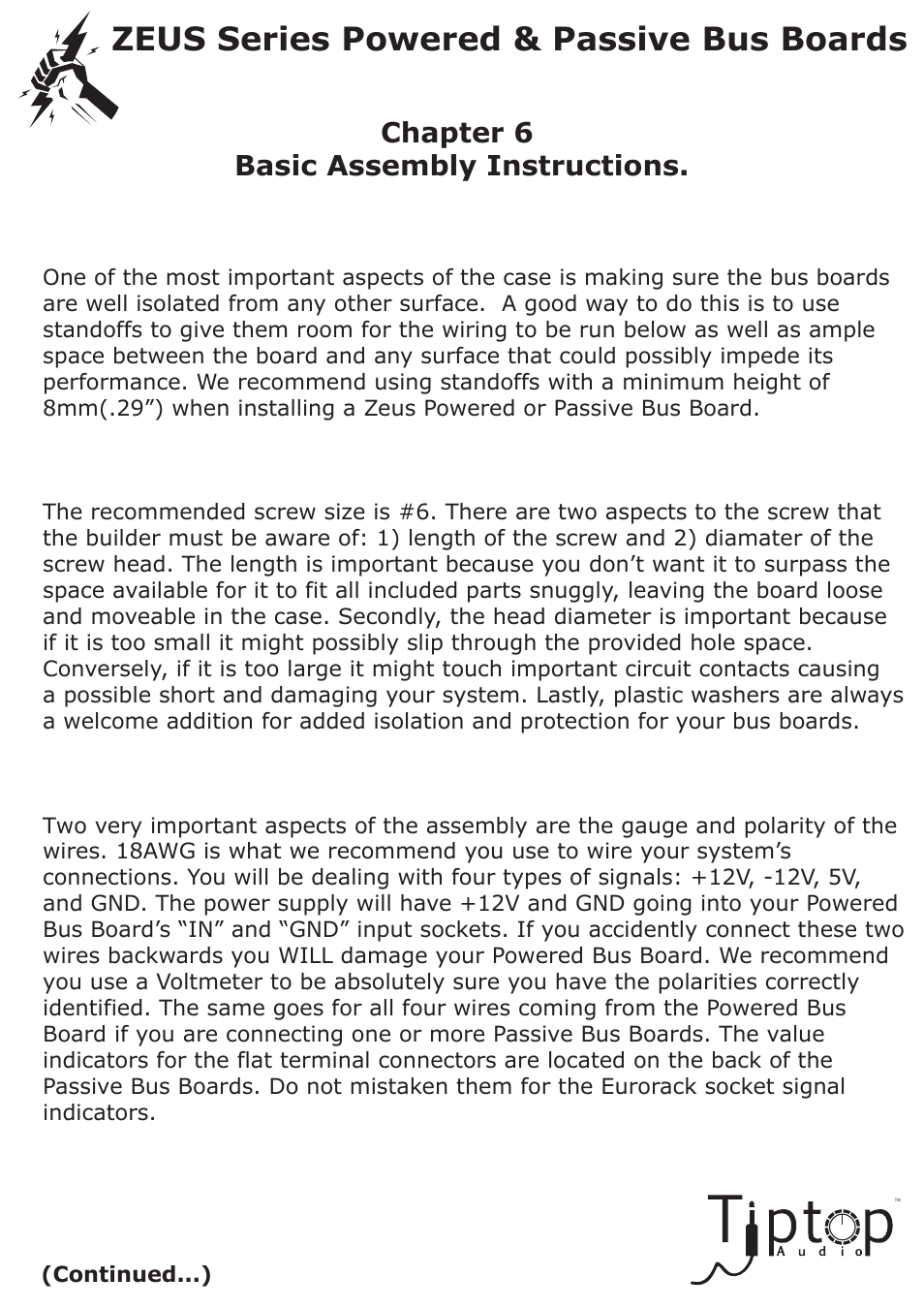 Zeus series powered & passive bus boards, Chapter 6 basic assembly instructions | Tiptop Powered Bus User Manual | Page 13 / 22